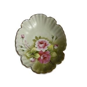 Vtg Lefton Hand Painted Green Rose Heritage Cabbage Rose 1860 Trinket Dish